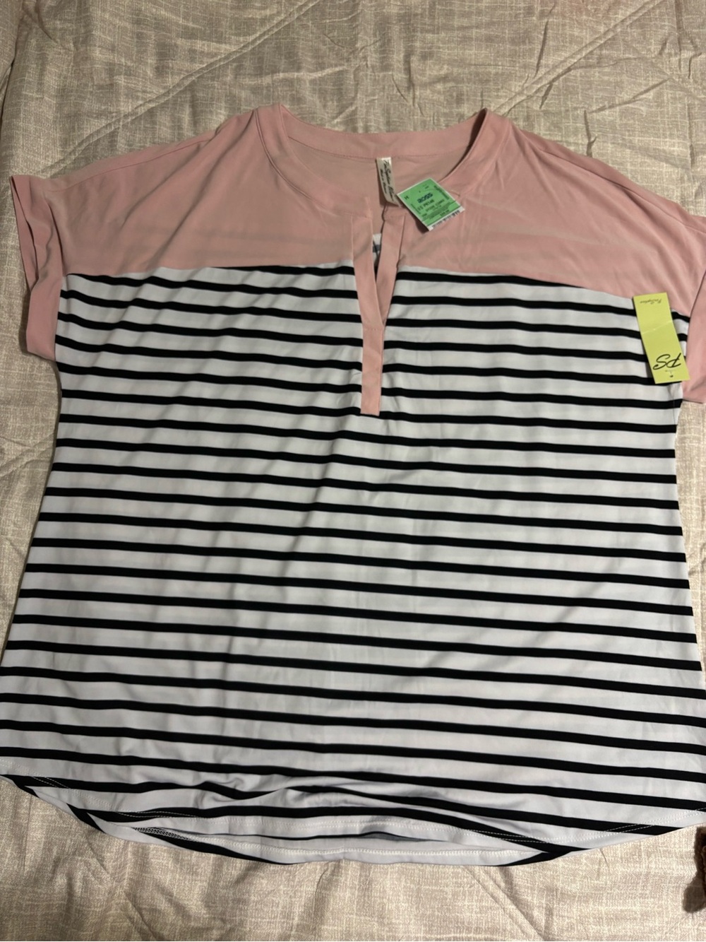 Perseption Pink, Black & White Striped Short Sleeve Top - Picture 3 of 6